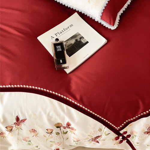 Modern new Chinese style rose embroidery red bedding set for housewarming and wedding daily pure cotton long-staple cotton four-piece set
