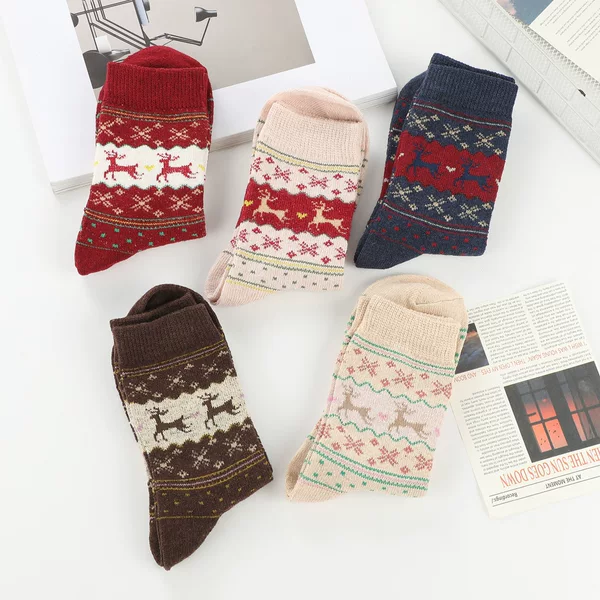 European and American Christmas Socks for Women, Mid-Calf Socks, Cute Retro Gold Silk Elk Terry Socks, Thickeneded Sleep Socks