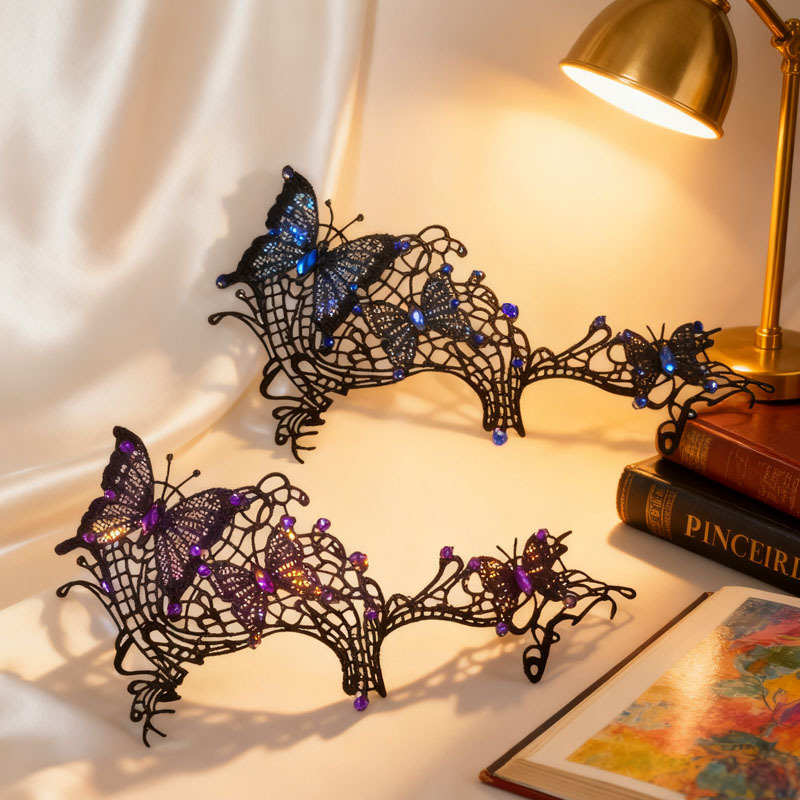 Transfronterizos para la fijación de pestañas de maquillaje de mariposa de diamante de encaje, máscara de mitad de cara, gafas accesorios
