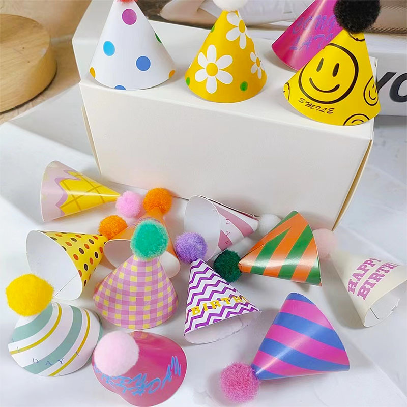 韩国ins复古小帽子蛋糕装饰 彩色格子笑脸小花迷你生日毛球小帽子