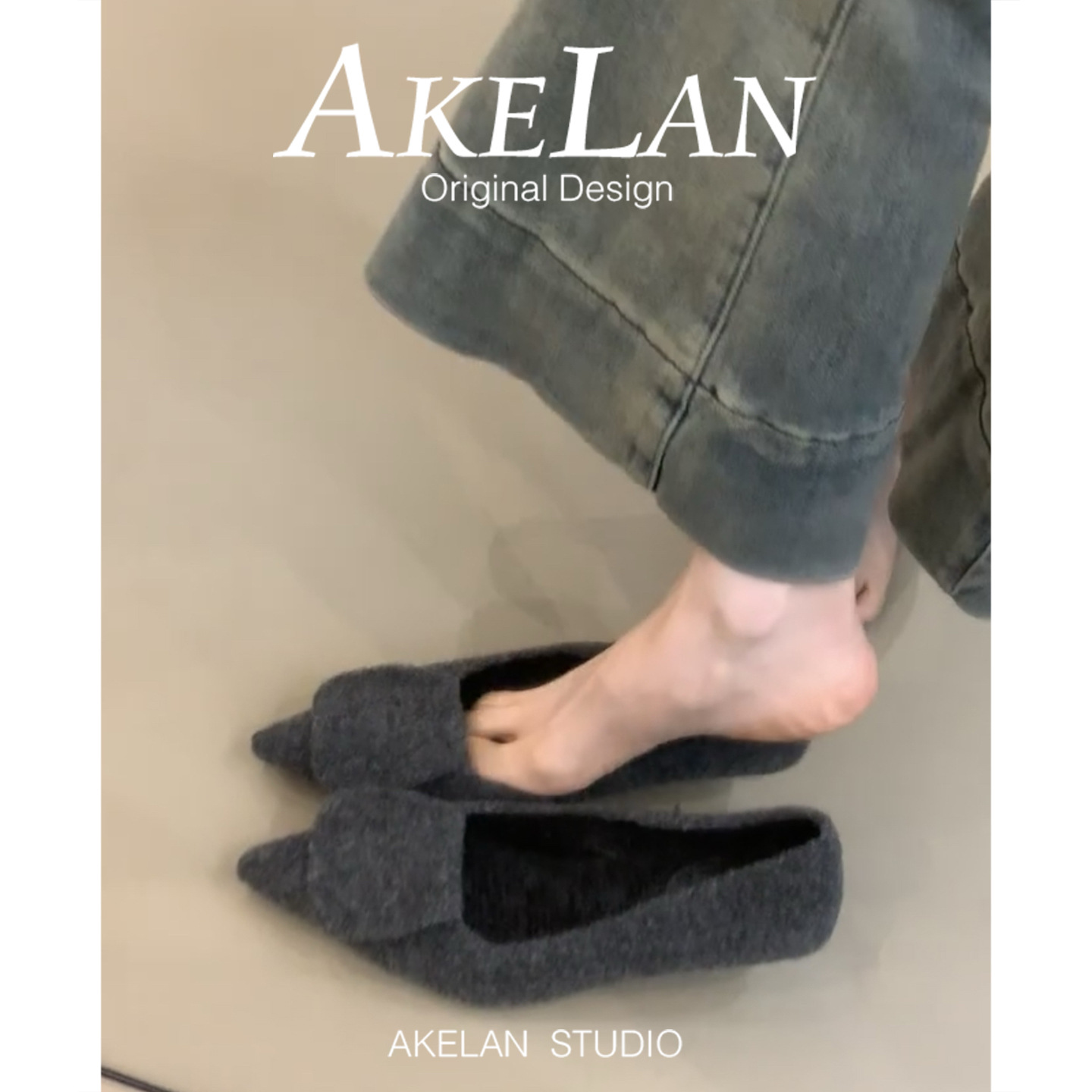 羊皮版~法式尖头毛毛鞋女冬外穿加绒单鞋晚风方扣细跟浅口高跟鞋