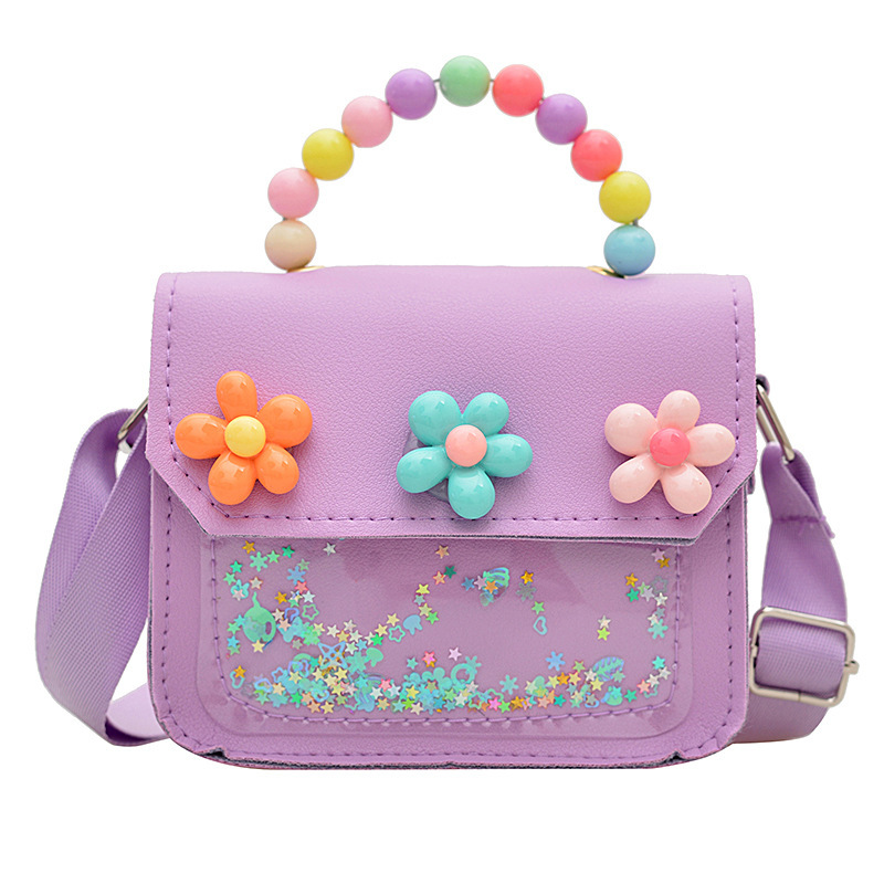 新しい子供のショルダーバッグパールポータブル小さな正方形バッグかわいい小さな花スパンコール装飾幼稚園トレンディなクロスボディバッグ|undefined