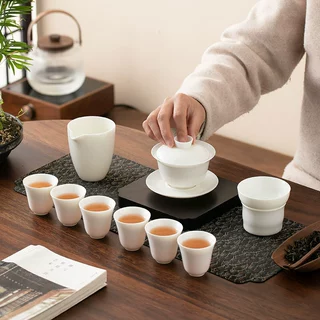高档德化羊脂玉白瓷功夫茶具套装家用简约陶瓷盖碗泡茶器公司礼品