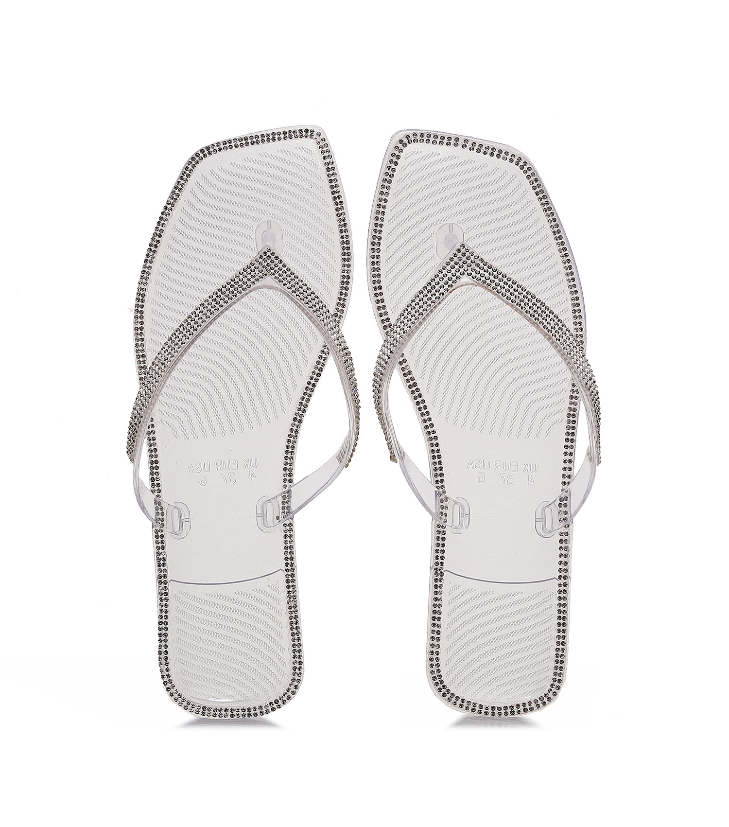 Summer New Flip-Flops For Women, European And American Style, Outdoor Beach Jelly Shoes, Square Toe Rhinestone Crystal_vogvips.com