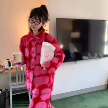 韩版高级印花珊瑚绒睡衣女冬款2025新款加绒加厚毛绒家居服套装冬