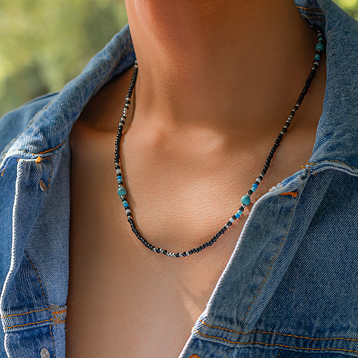 Beaded Chain Chain Type Retro Style Fashion Simple Bead Turquoise Mixed Color Stitching Clavicle Chain Necklace Unisex Ornament