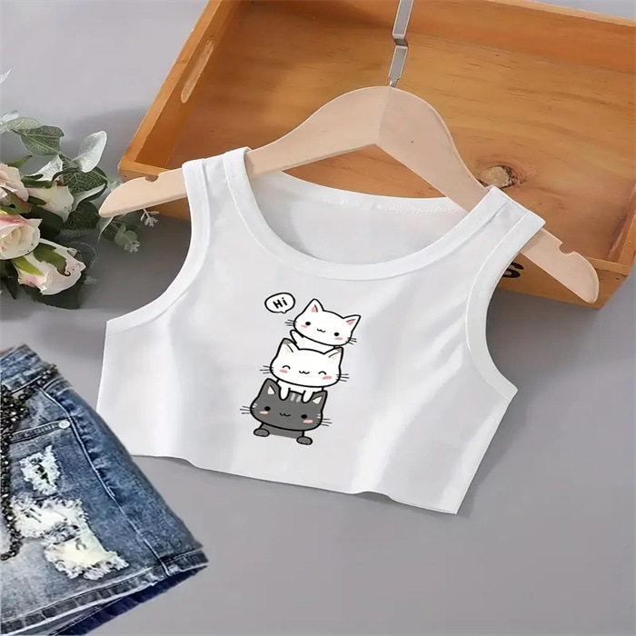 European American Style Cropped Printed Vest Sleeveless round Neck Tank Top for Women New Summer Hot Girl Look Blended Material_ecoleips.com