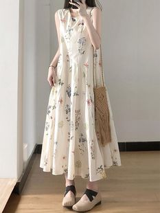 French Style Tea Break Sleeveless Round Neck Floral Elegant Vest dress Summer Loose Slimming Vacation Long Dress for Female Students