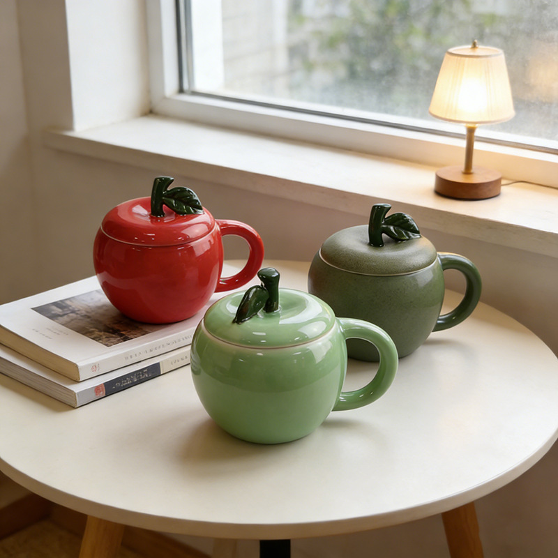 Taza de cerámica de manzana creativa taza de frutas casera encantadora con taza de agua con tapa de alta calidad regalo de Navidad