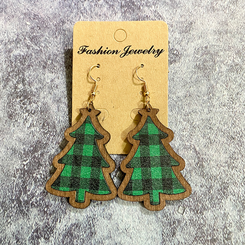 Wood Material 1 Pair Christmas Retro Christmas Tree Plaid Wood Drop Earrings
