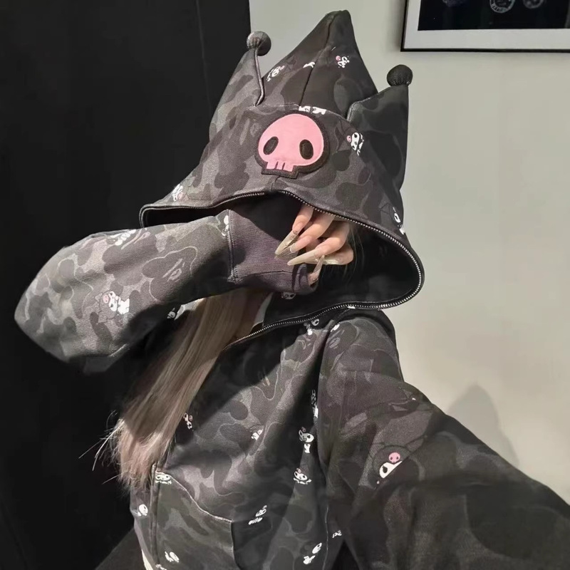 BAPE x Hello Kitty x Kuromi women's hooded sweatshirt, trendy loose-fitting jacket for spring
