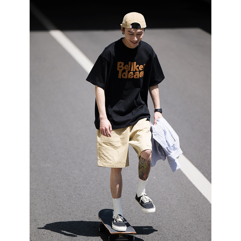 Bellken early morning studio 280g heavy Japanese letter T-shirt short sleeve men's retro popular loose couple Bellken early morning studio 280g heavy Japanese letter T-shirt short sleeve men's retro popular loose couple