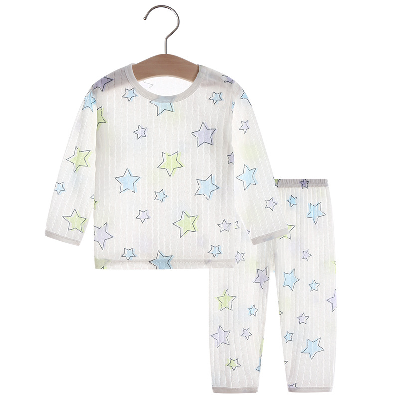 어린이 에어컨 세트 코튼 뼈없는 여름 얇은 집 옷 소년과 소녀 긴 소매 잠옷 투피스 세트
