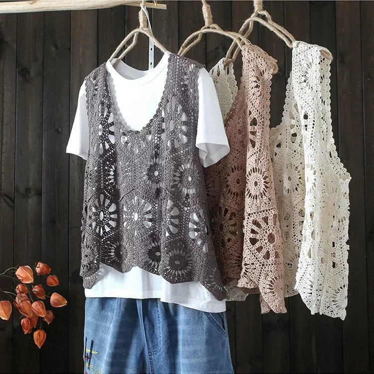 Спот 2024 литературный ретро полый хлопчатобумажный трикотажный жилет для женщин