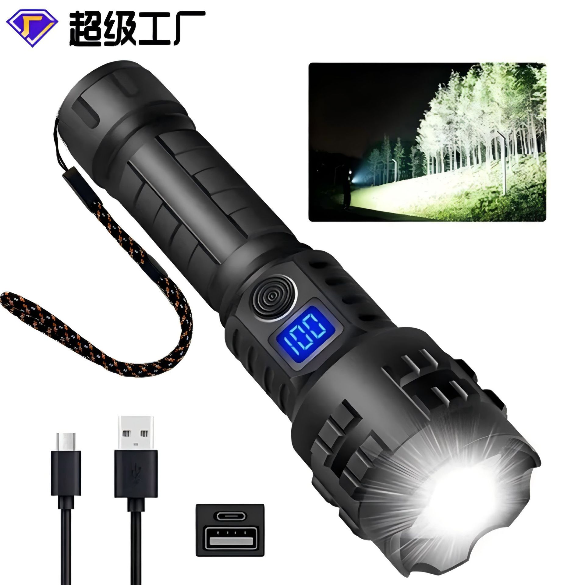 Linterna de luz fuerte led explosiva transfronteriza, linterna de emergencia doméstica con ajuste de enfoque telescópico de largo alcance para exteriores tipo c