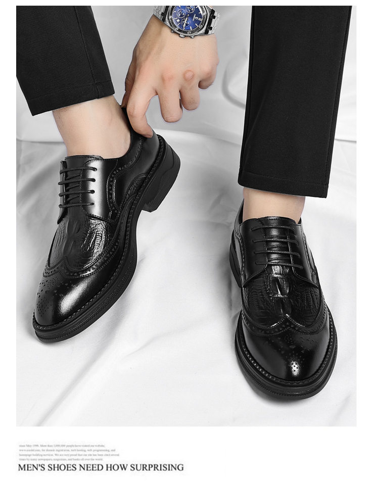 Giày da nam công sở da bò vân cá sấu mũi nhọn kiểu Brogue tăng chiều cao — Nâu công sở, Đen thời trang chi tiết 15