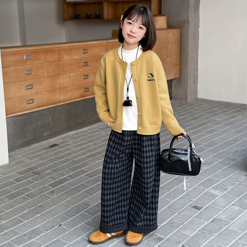 女童毛衣套装春秋款2025新款儿童打底衫中大童秋季格子裤三件套潮|undefined