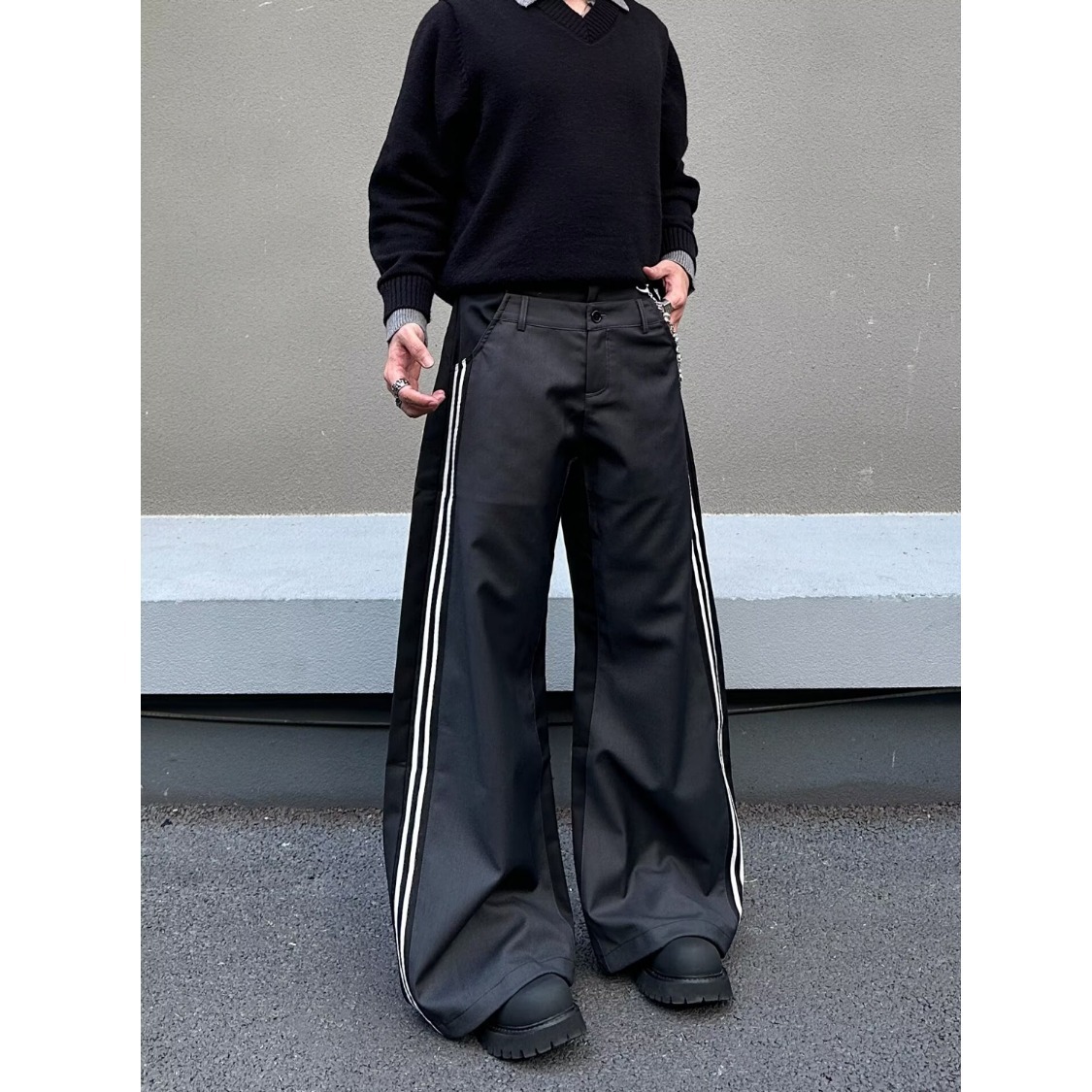 Men's Casual Pants Retro Double Waistband Spliced Curved Blade Loose Long Trousers_mkmklike.com