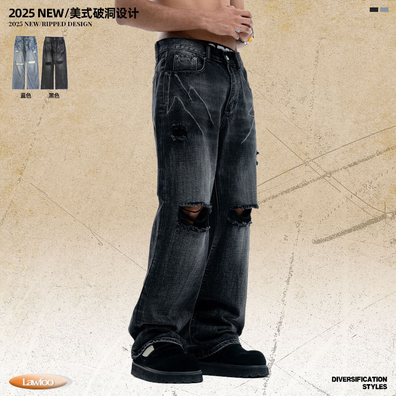 Lawfoo American Retro Ripped Jeans for Men and Women, Washed and Distressed, Loose Wide-Leg Straight-Leg Trendy High Street Pants