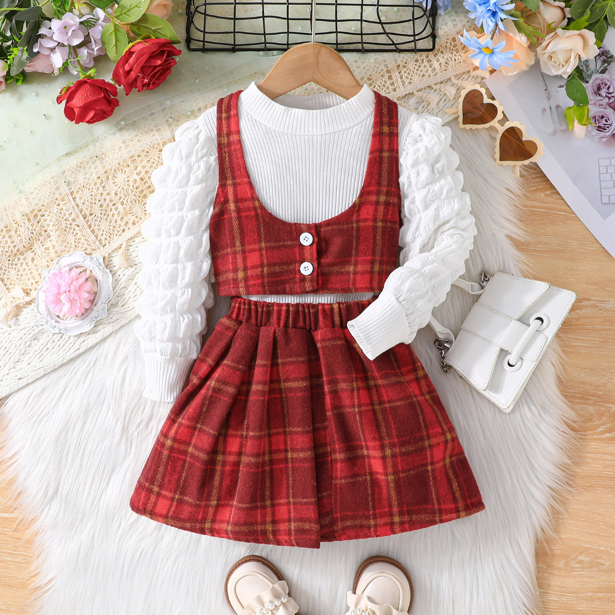 Mädchen Set Aus Karoweste Unterwäsche Und Rock Dreiteilig_voghion.com