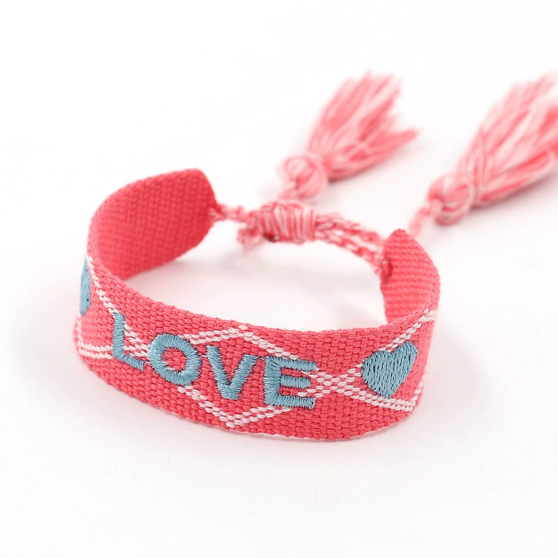 handmade woven bracelet, polyester, embroidered letters with tassels, adjustable (love)