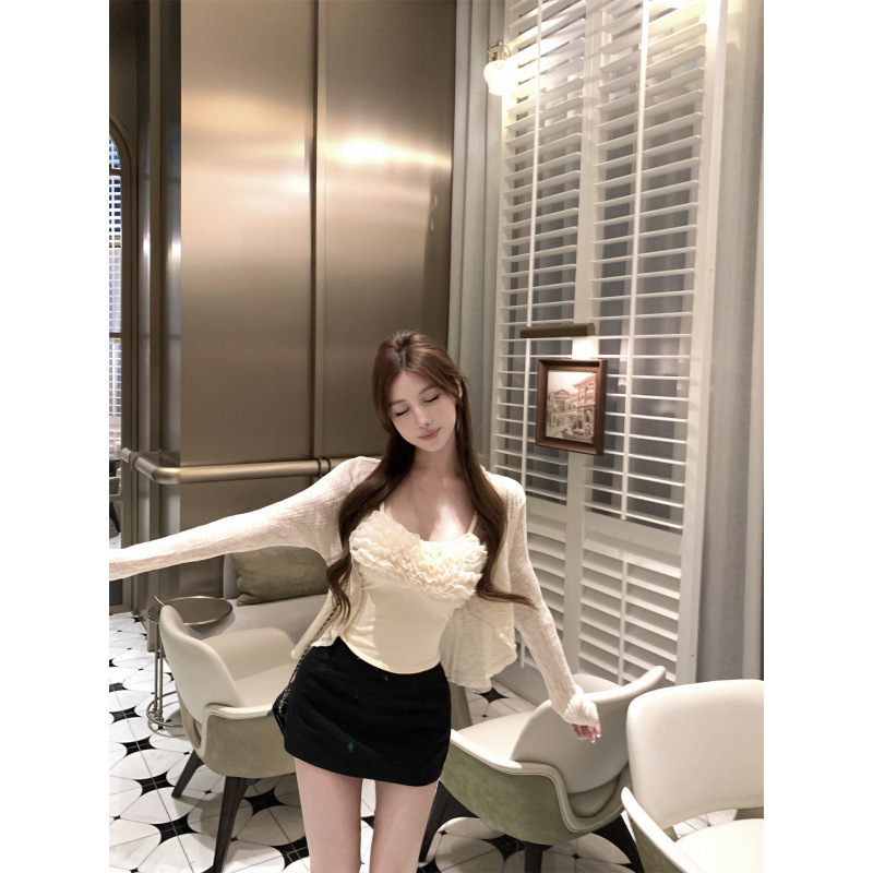 纯欲辣妹褶皱花边点缀气质吊带+薄款天丝亚麻开衫两件套女|undefined