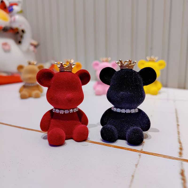 Cartoon Flocking Crown Bears Couple Keychain Pendant Creative Car Key Women's Bag Mobile Phone Hanging Accessories