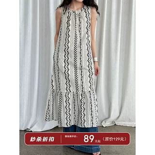 鹿西复古波西米亚印花无袖背心裙配包包夏季新款民族风连衣裙8777