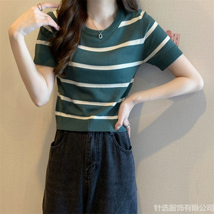 2023 New Design Sense Niche Slim-fit Slimming Shoulder Short Top Striped Knitted Short-sleeved T-shirt Women's Summer