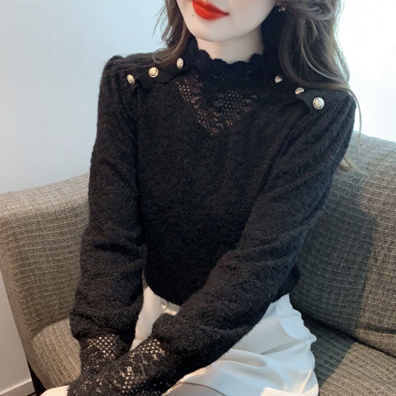 Mink velvet fleece-lined thick lace shirt Chanel style elegant inner wear women's winter new all-match meat covering bottoming shirt