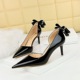 638-AH35M Banquet High Heel Shoes Thin Heel Shallow Notched Pointed Side Hollow Lacquer Leather Back Bow Women's Single Shoe