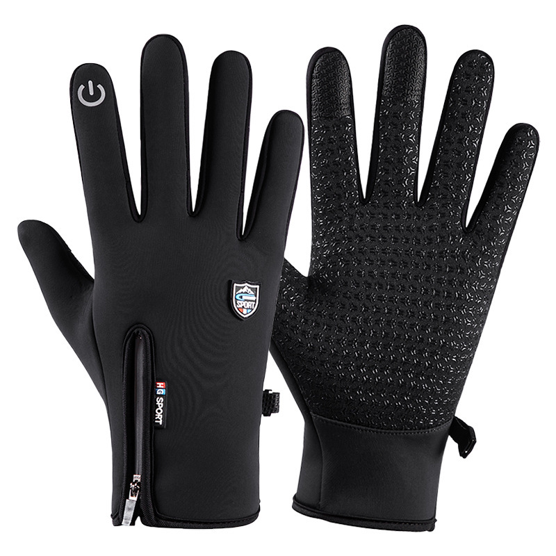 New Autumn and Winter Outdoor Windproof Waterproof Non-Slip Zipper Fleece-Lined Gloves for Men and Women Touch Screen Ride Sports Mountain Sliding
