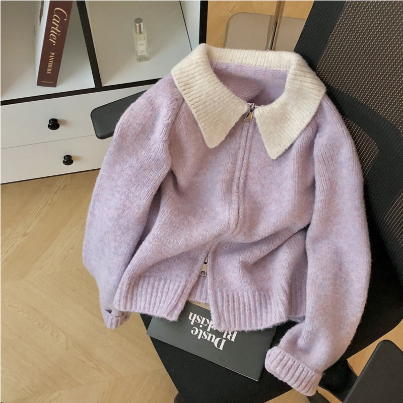 Polo Collar Purple Small Fragrance Zipper Knitwear Jacket Women's Loose Spring & Fall New Japanese Style Knitwear Cardigan Top