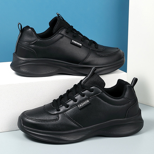 Women's Autumn Sports Shoes with Leather Surface, Waterproof, Thick Sole, Comfortable, All Black, KFC Kitchen Anti-Slip Work Shoes