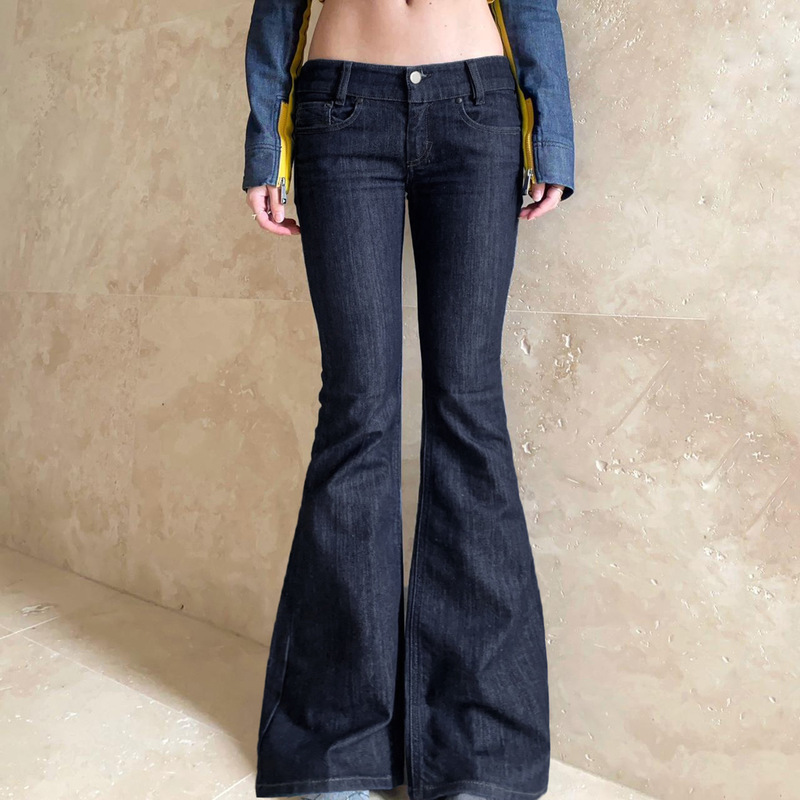 New Cross-Border American-Style Dark Blue Raw Denim Color Personalized Street Style Low-Waist Slim Fit Flared Jeans New Cross-Border American-Style Dark Blue Raw Denim Color Personalized Street Style Low-Waist Slim Fit Flared Jeans
