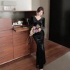 Velvet retro evening dress with buttocks wrapped and lace hollowed out spicy girl high slit long skirt