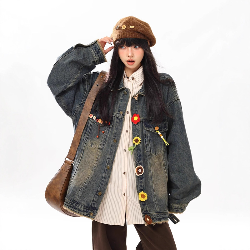 American Retro Style Denim Heavy-Duty Floral Casual Women's Autumn 3D Fashionable Washed Jacket Versatile Outerwear American Retro Style Denim Heavy-Duty Floral Casual Women's Autumn 3D Fashionable Washed Jacket Versatile Outerwear