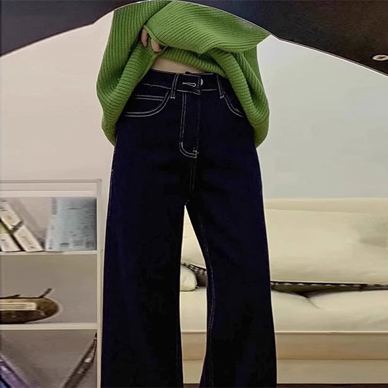 设计感美式深蓝色牛仔裤女2025秋季新款辣妹风百搭高腰显瘦阔腿裤|undefined