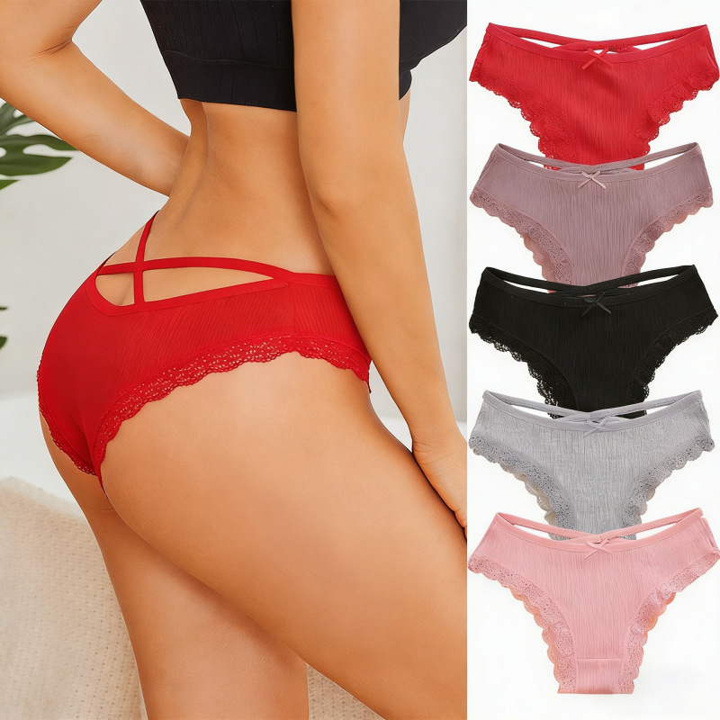 Cross-Border New Style Women's Sexy Underwear Ribbed Cotton Lace Trim Women's Underwear Bikini Hot-Selling Briefs