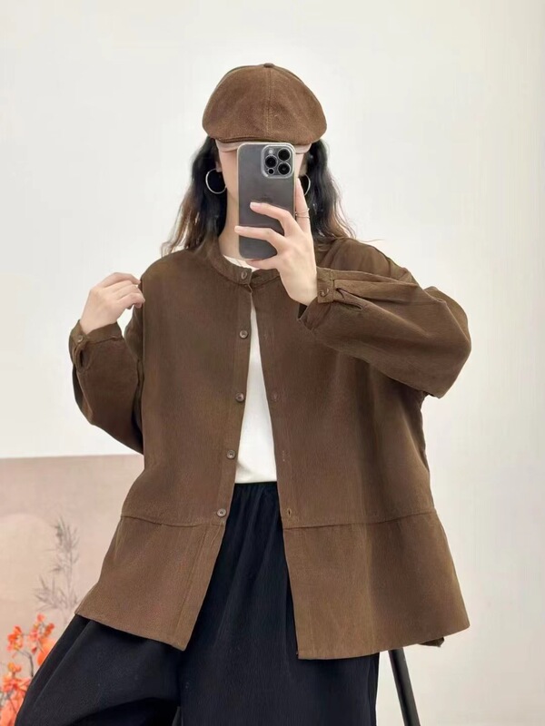 古咖服饰秋季新复古灯芯绒外套女立领单排扣拼接长袖宽松外搭上衣|undefined