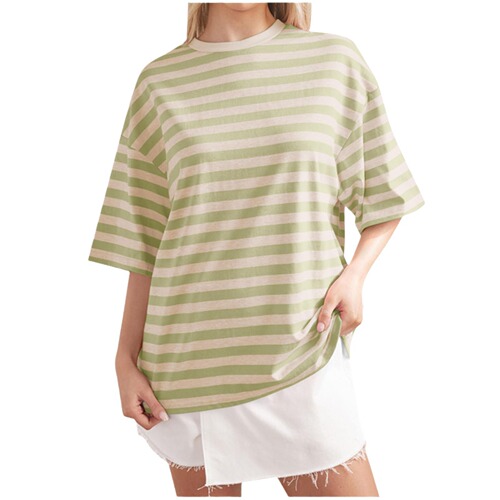 Western and Eastern Women's Summer Simple Home Casual Striped Print Crew Neck Five-Button T-Shirt