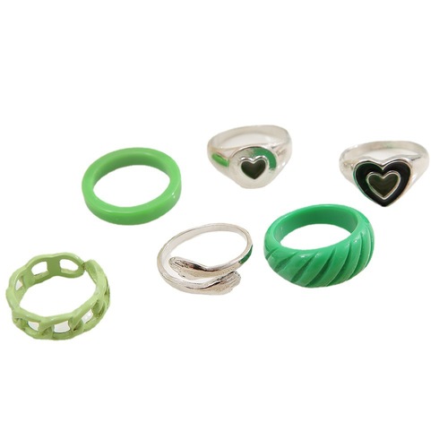 欧美创意ins滴油戒指绿色爱心戒指女设计感小众关节戒指套装6件套
