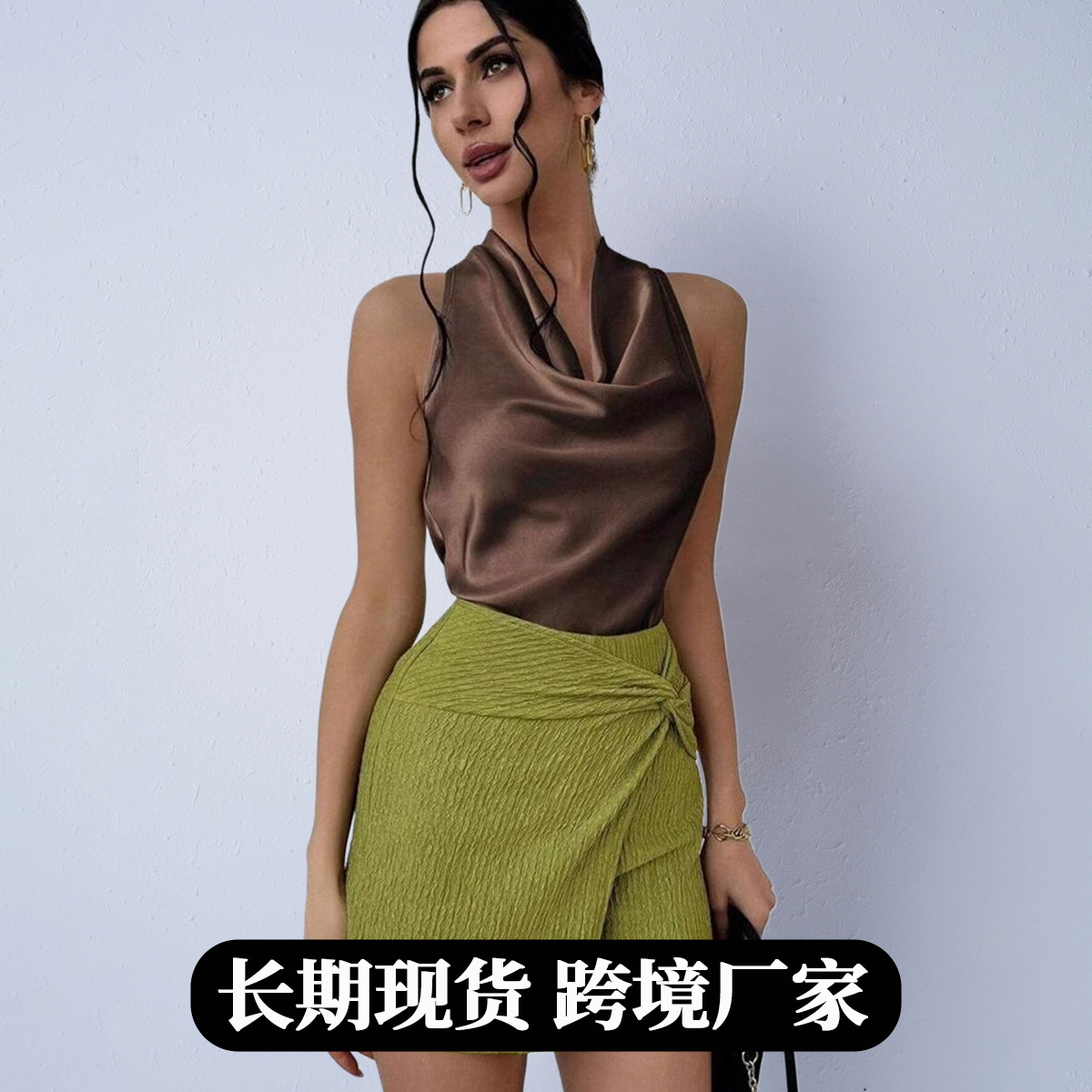 Women's Faux Silk Shirt for Foreign Trade Independent E-Commerce Platforms, New Spring and Autumn Satin Sexy Sleeveless Work Shirt for Ladies