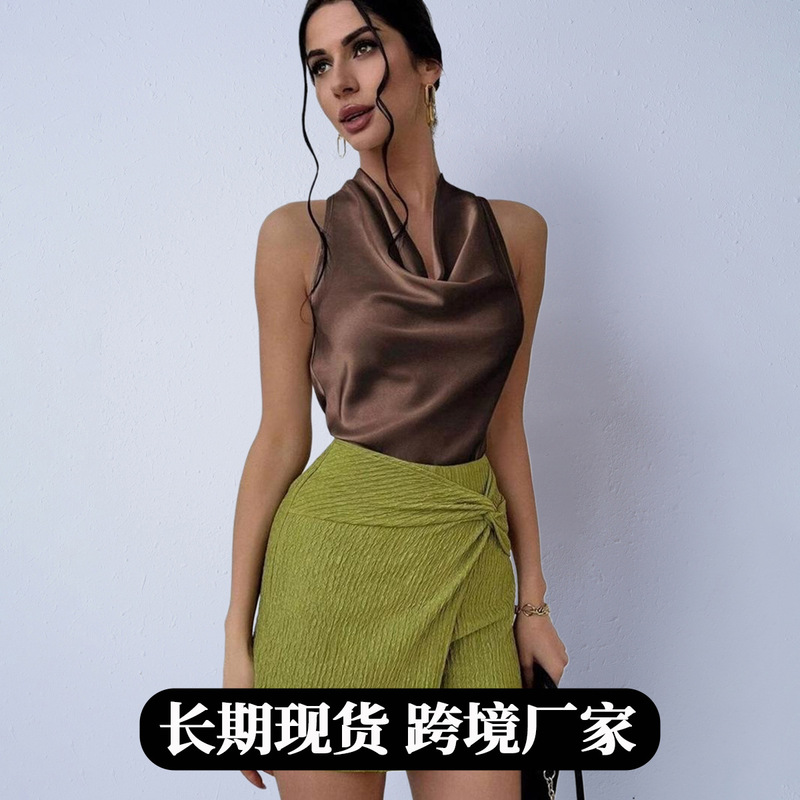 Women's Faux Silk Shirt for Foreign Trade Independent E-Commerce Platforms, New Spring and Autumn Satin Sexy Sleeveless Work Shirt for Ladies Women's Faux Silk Shirt for Foreign Trade Independent E-Commerce Platforms, New Spring and Autumn Satin Sexy Sleeveless Work Shirt for Ladies