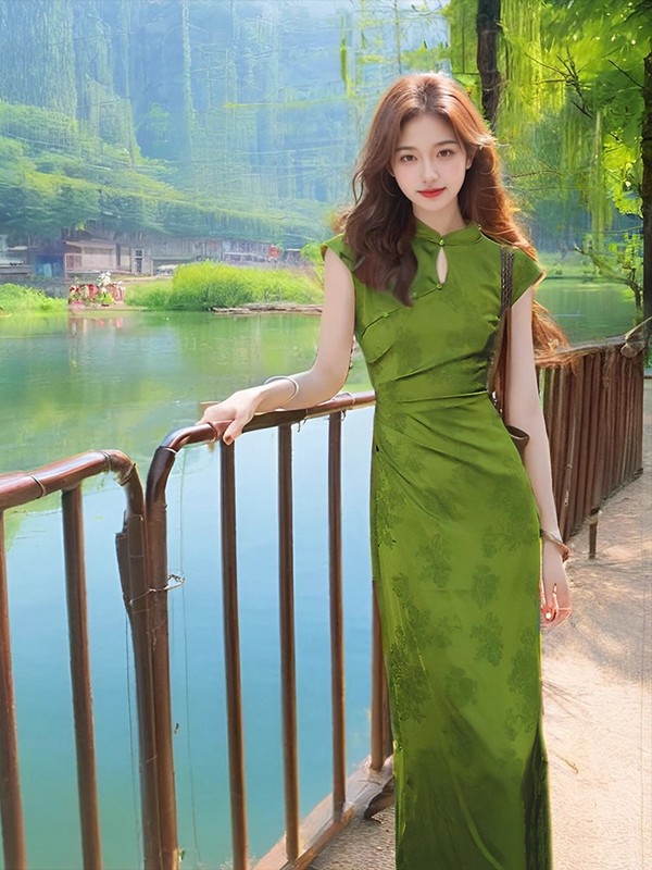 新中式国风长裙女2025夏季收腰显瘦复古风提花立领开叉旗袍连衣裙|undefined