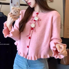 法式少女蝴蝶结针织针织衫女2025秋新款设计耳边开衫毛衣外套上衣