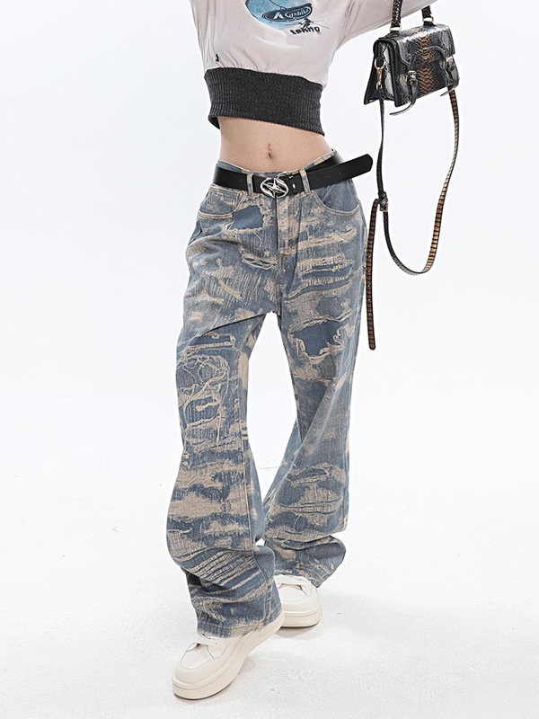 2023 Heavy Industry National Tide Rags Printed Washed Old Wide Leg Jeans Men's and Women's 2023 Spring New Trousers 2023 Heavy Industry National Tide Rags Printed Washed Old Wide Leg Jeans Men's and Women's 2023 Spring New Trousers