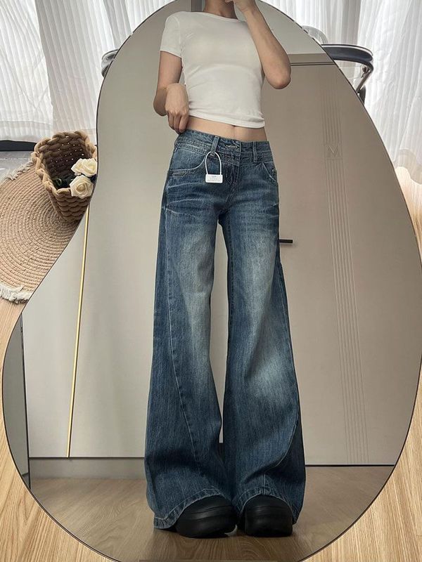 大码美式微喇叭牛仔裤女秋季新款复古高腰水洗宽松马蹄直筒长裤子|undefined