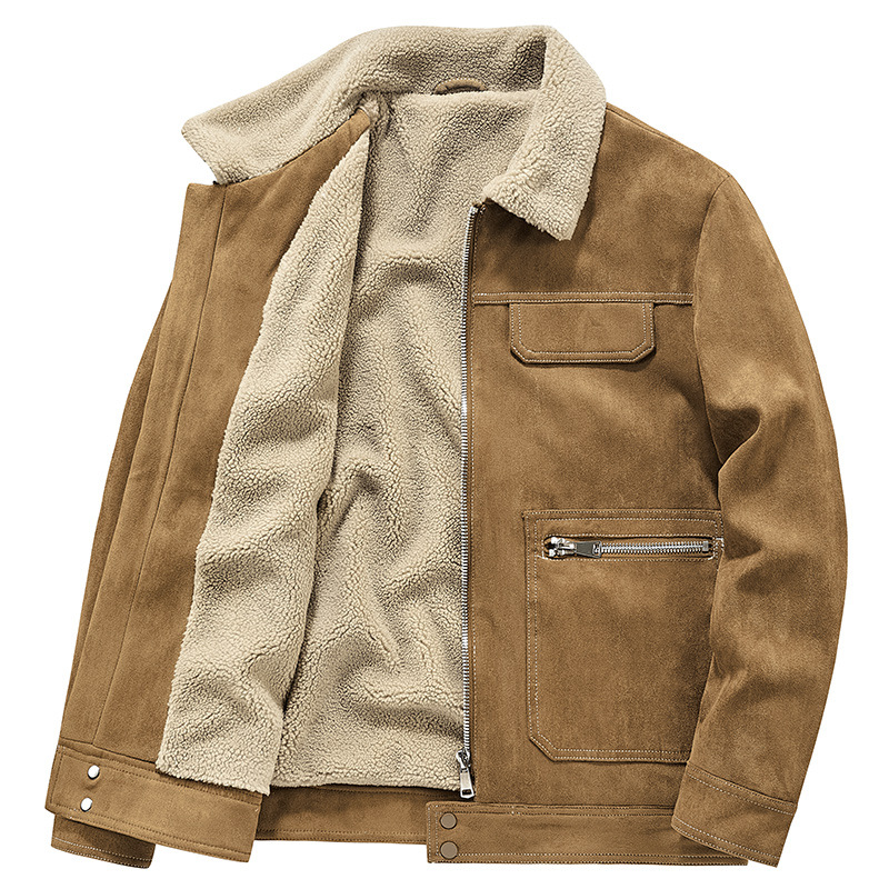 Abrigo de algodón acolchado de gamuza para hombres Otoño e Invierno ropa de trabajo vintage abrigo de algodón acolchado Cuello de piel Chaqueta de algodón acolchado chaqueta forrada de lana de cordero