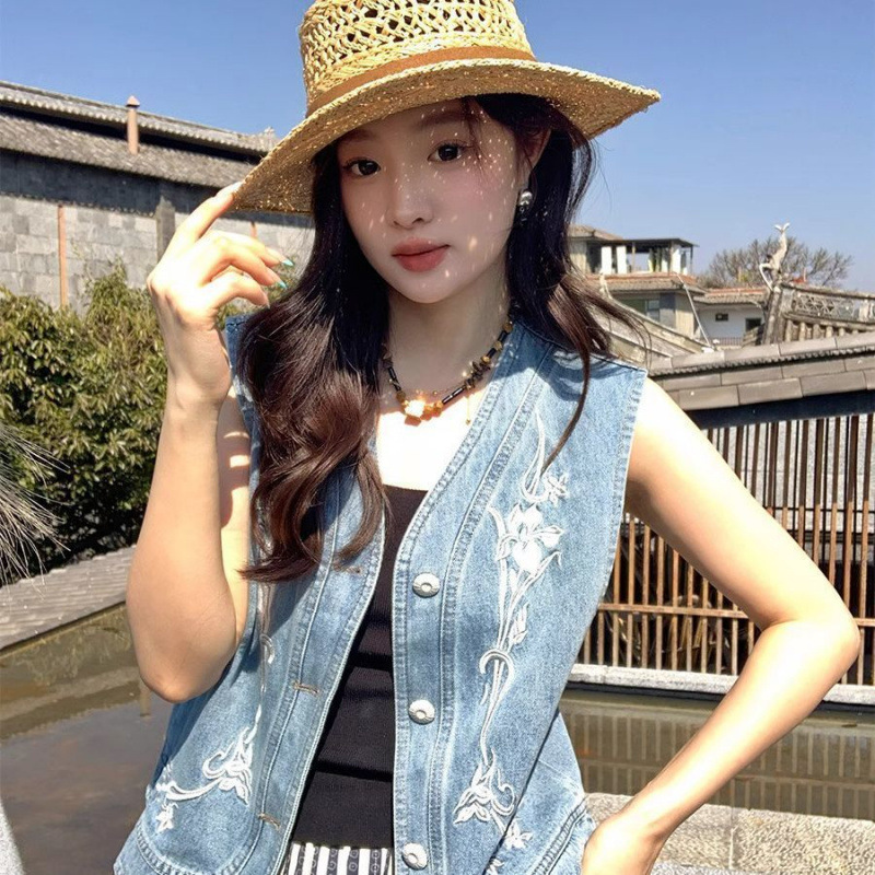 2025 春夏新作刺繍デニムベスト女性通勤シンプルなデザインニッチ多用途ルーズベストトップ|undefined
